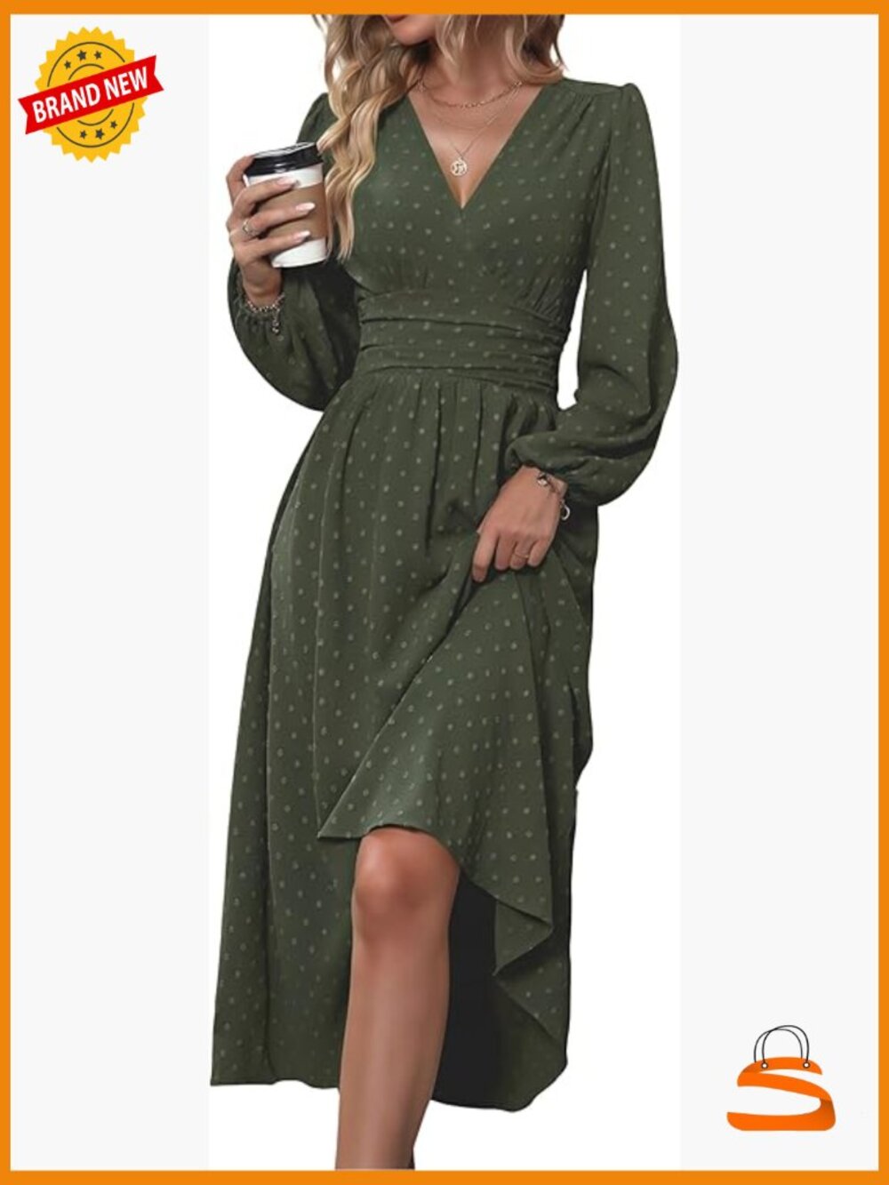 Swiss Dot V-Neck Maxi Dress Puff Long Lantern Sleeve A-Line Flowy Wedding Guest
